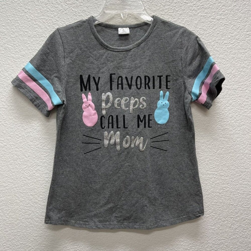 My Favorite Peeps Call Me Mom Easter Day T-Shirt Womens Small Grey Pink Blue